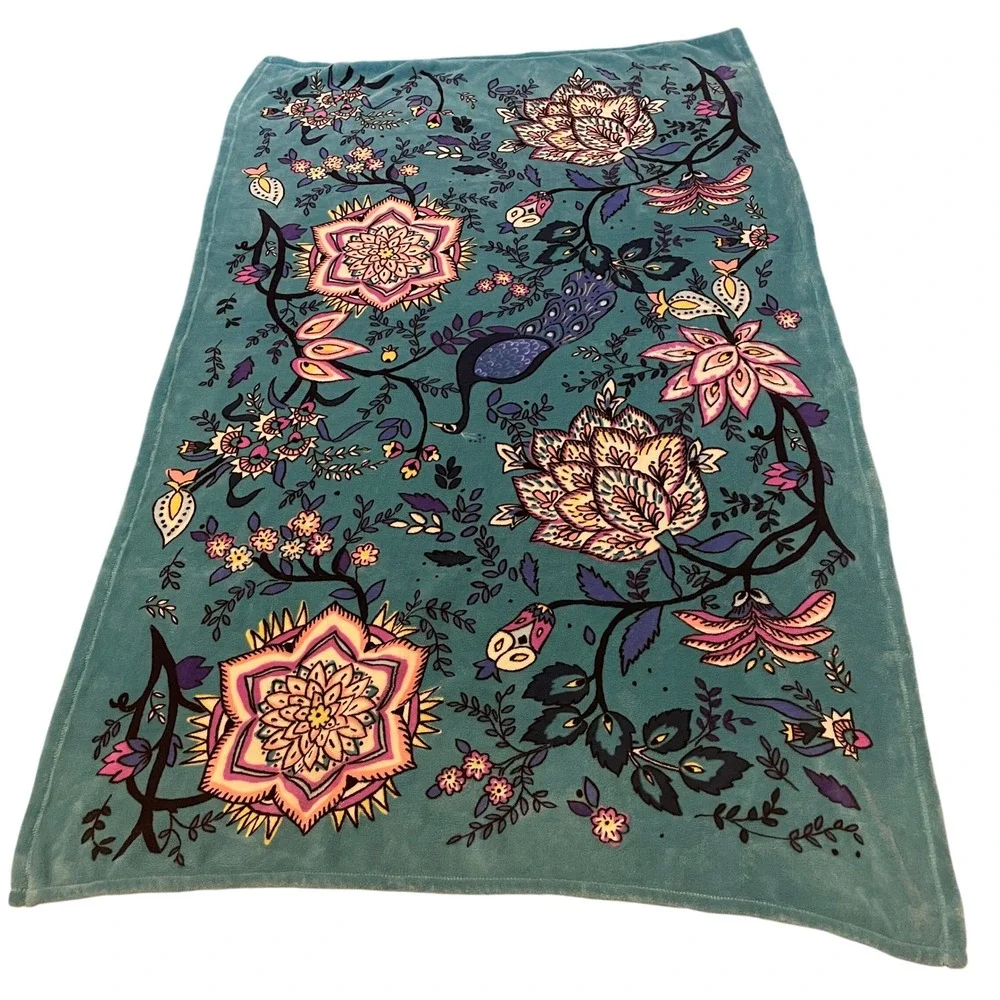 Vera Bradley Teal Peacock Floral Plush Throw Blanket 75x47 Fleece Soft Cozy